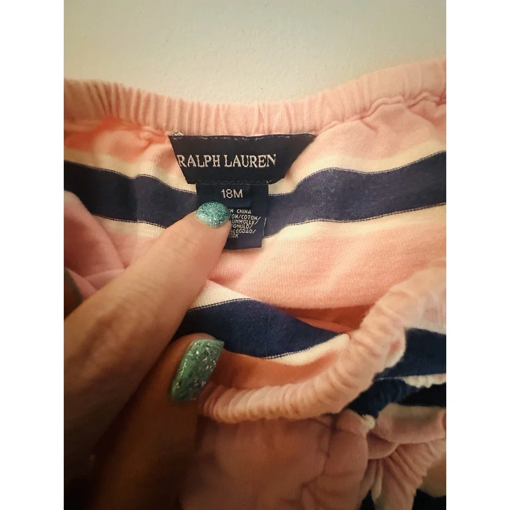 Ralph Lauren Girls 18M Pink/Navy Striped Polo Dress & Bloomers Set